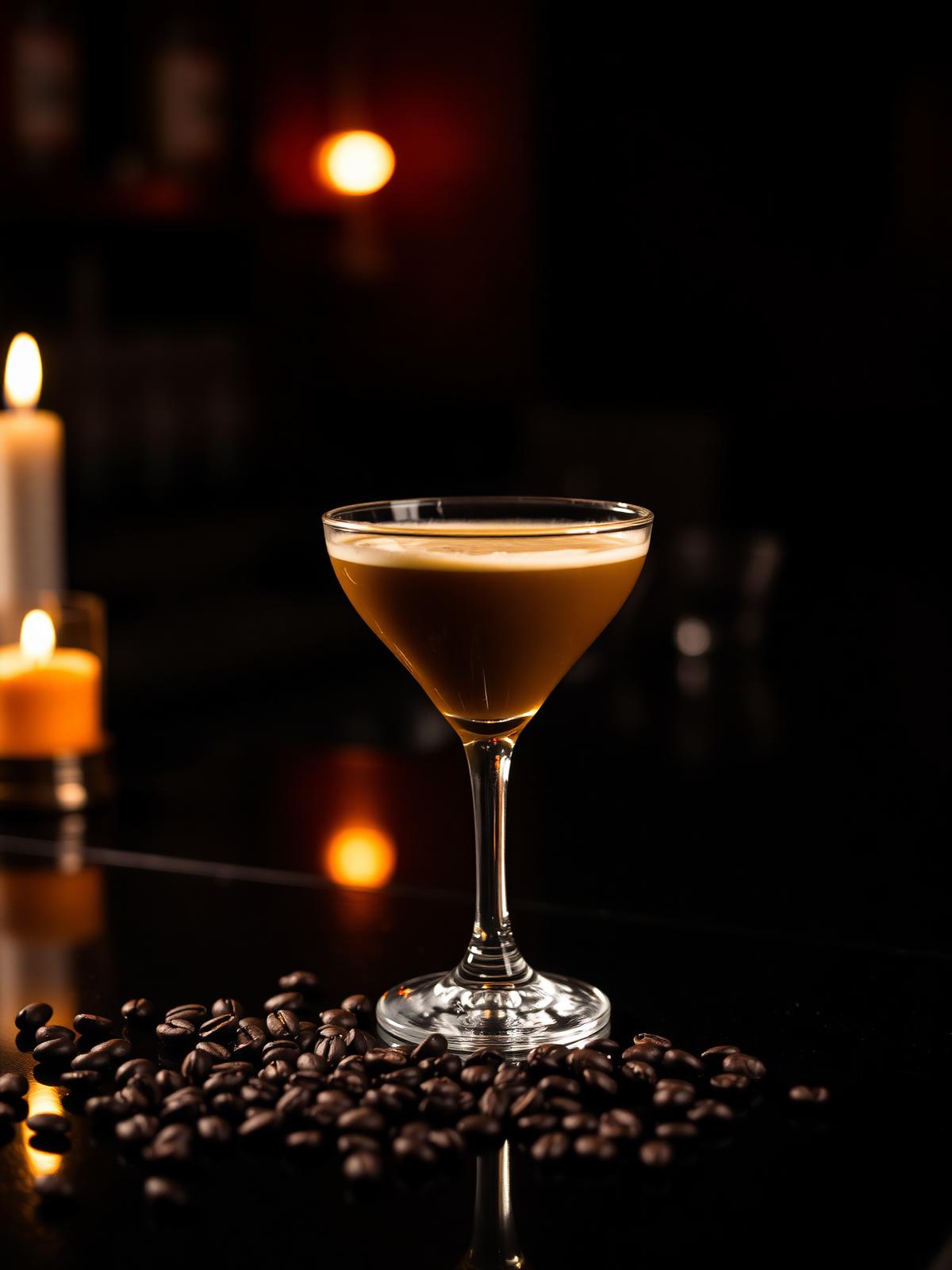 Espresso Martini mit Kaffeebohnen auf dunkler Bartheke