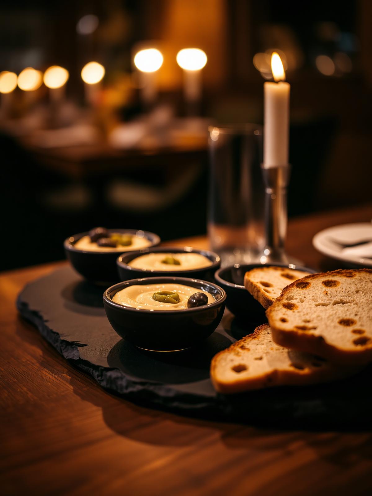 Hummus, Oliven und geröstetes Brot auf Schieferplatte